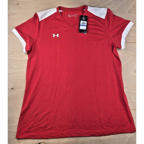 Under Armour Womens Soccer Jersey XL Red Threadborne Match Heat Gear Fitted V - Picture 1 of 11